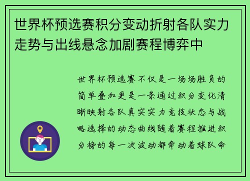 世界杯预选赛积分变动折射各队实力走势与出线悬念加剧赛程博弈中 世界杯预选赛积分变动折射各队实力走势与出线悬念加剧赛程博弈中