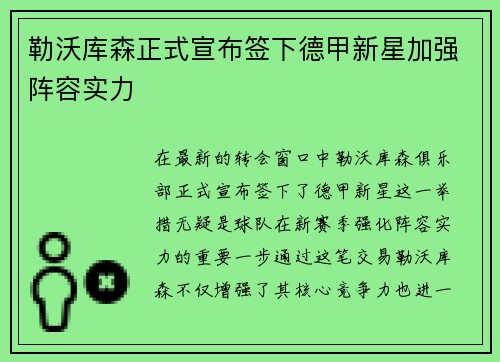 勒沃库森正式宣布签下德甲新星加强阵容实力 勒沃库森正式宣布签下德甲新星加强阵容实力