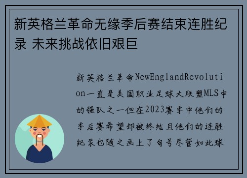 新英格兰革命无缘季后赛结束连胜纪录 未来挑战依旧艰巨 新英格兰革命无缘季后赛结束连胜纪录 未来挑战依旧艰巨